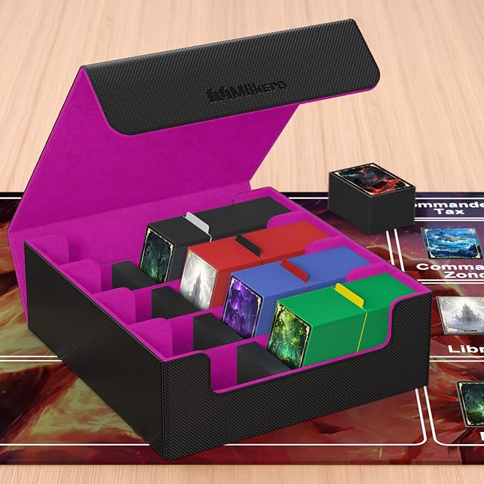Mlikero Card Deck Case, 2400+ Trading Card Storage Box with 10 Colorful Dividers and 4 Foam Stoppers, Leather Magnetic Closure Commander Deck Box Fit for MTG, TCG (4 Rows, Black&Purple)