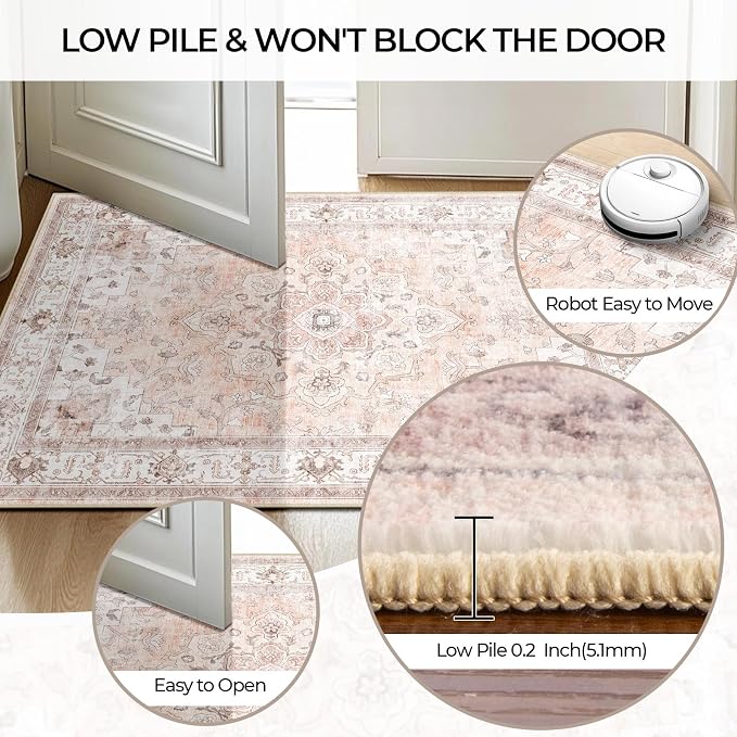 CAPALOCA Square 4ft Washable Nursery Girls Low Pile Area Rug Pink | Non-Slip Soft Rugs for Bedroom Kids Playroom Living Room, Print Pattern Water Repellent Carpet Indoor Decor