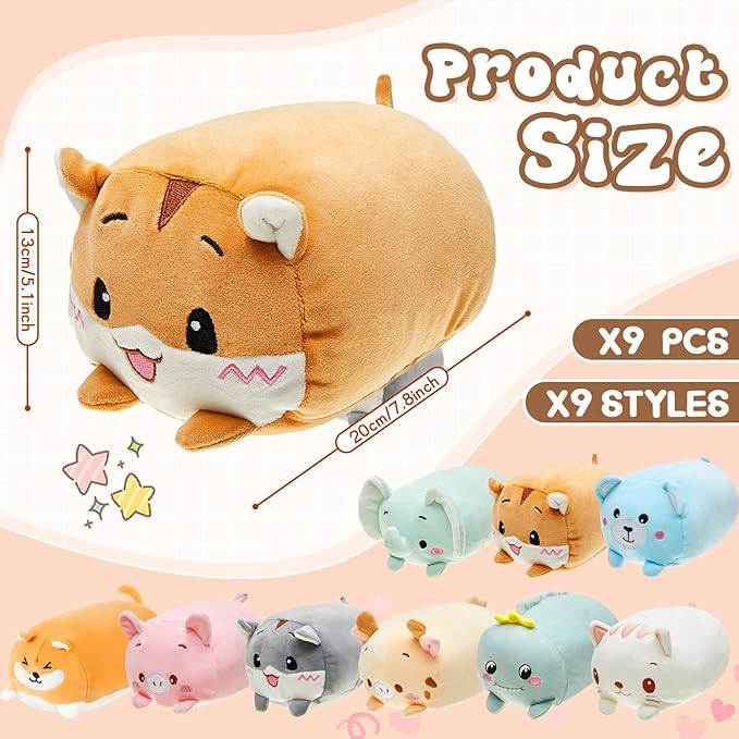 Leitee 9 Pcs Stuffed Animals Plush Bulk 8 Inch Cute Plushies Toys Plush Pillow for Boys Girls Birthday Gifts Box Toys for Classroom Prize, Party Favors for Kids (Cute)