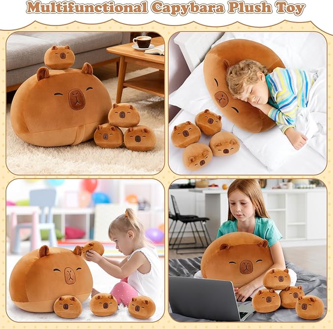 5 PCS Capybara Plush Stuffed Animal Family-19" Large Round Capybara Plush, Large Mommy Plushies with 4 Baby Plushie Toy for Kids, Kawaii Body Pillow Christmas Birthday Gifts for Kids Boys Girls