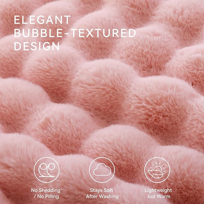 Faux Rabbit Fur Throw for Couch - Blush Pink Bubble Blanket 60"x80" | Fluffy Plush Fuzzy Throw for Sofa & Bed, Super Soft Cozy Comfrt Blanket, Luxury Aesthetic Pink Decor Gift for Women