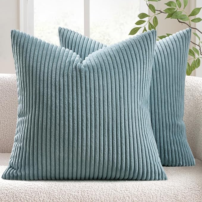 MIULEE Decorative Corduroy Throw Pillow Covers Set of 2 18x18 Smoky Blue | Soft Striped Textured Cushion Cases, Boho Coastal Square Pillowcases for Home Decor, for Couch Chair Sofa Bed Living Room
