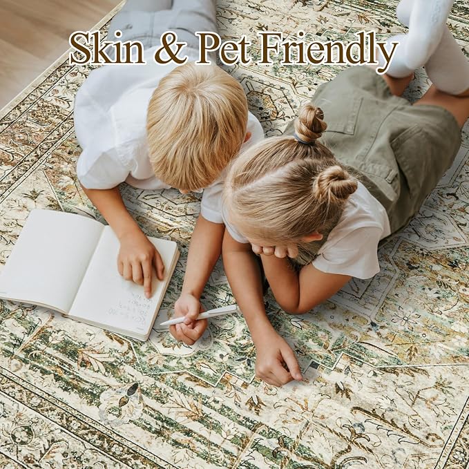 Soalmost 9x12 Area Rugs for Living Room Washable Rug Non-Slip Olive Beige | Large Vintage Stain Resistant Carpet for Dining Bedroom, Low Pile Lightweight Foldable Floor Mat Nursery Home Office Decor