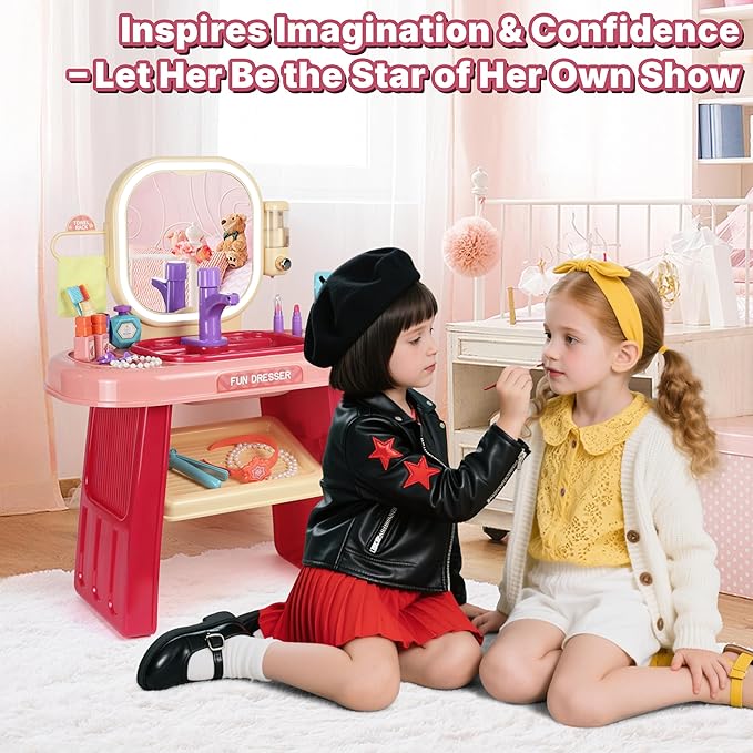 Kids Vanity Set with Mirror, Faucet, LED Lights & Music – Purple Princess Makeup Table with Stool, 23 Pretend Accessories, Toddler Vanity Beauty Salon Toy Gift for Girls Ages 3–6 Dress Up Play