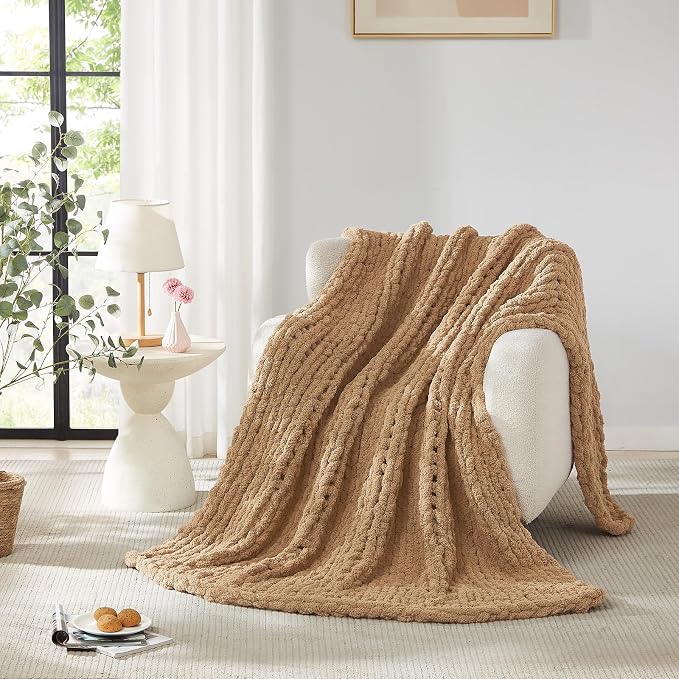 L'AGRATY Chunky Knit Throw Blanket for Couch, 80'' x 90'' Knit Throw, Tan | Handmade Chenille Crochet Blanket for Sofa Bed, Thick Cable Knitted Blankets for Room Home Decor, Birthday Gift for Women Mom