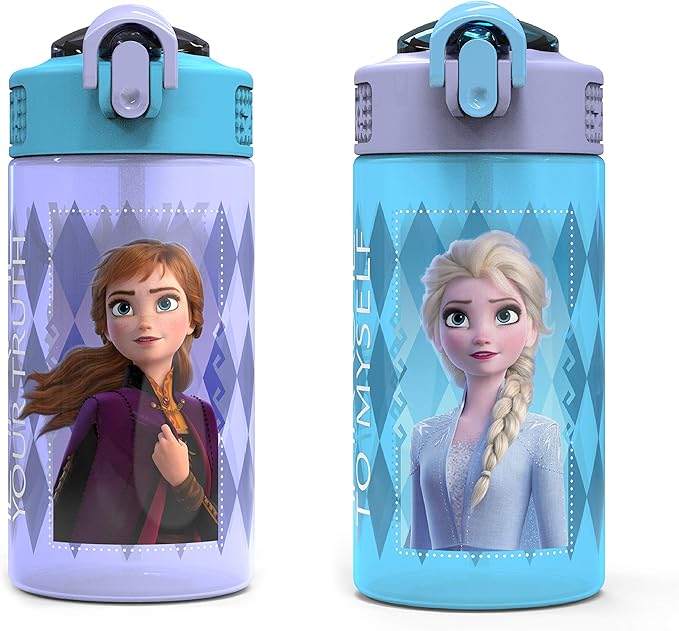 Zak Designs Disney Frozen 2 Kids Water Bottle with Spout Cover and Carrying Loop, Durable Plastic, Leak-Proof Water Bottle Design for Travel (16 oz, 2-Pack, Non-BPA, Elsa & Anna)