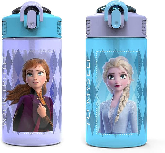 Zak Designs Disney Frozen 2 Kids Water Bottle with Spout Cover and Carrying Loop, Durable Plastic, Leak-Proof Water Bottle Design for Travel (16 oz, 2-Pack, Non-BPA, Elsa & Anna)