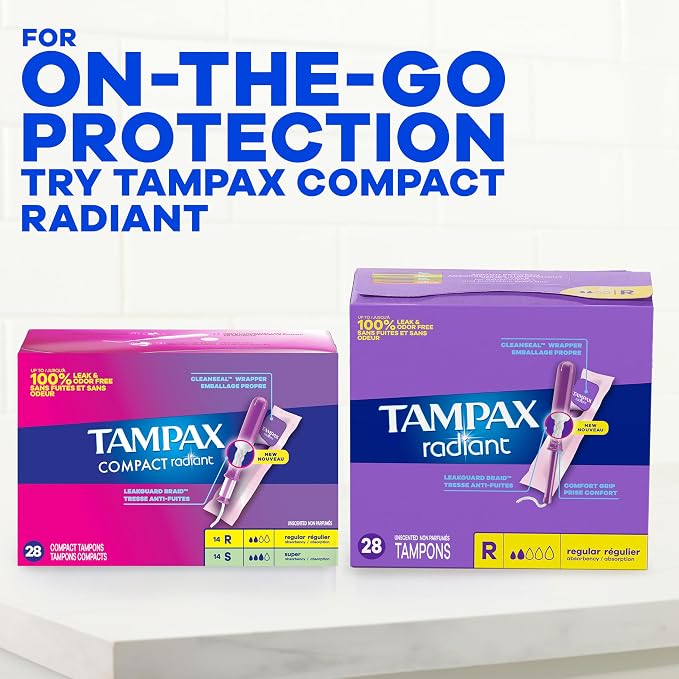 Tampax Radiant Tampons for Women,with LeakGuard Braid,Regular Absorbency,Unscented,84 Count (Pack of 2)