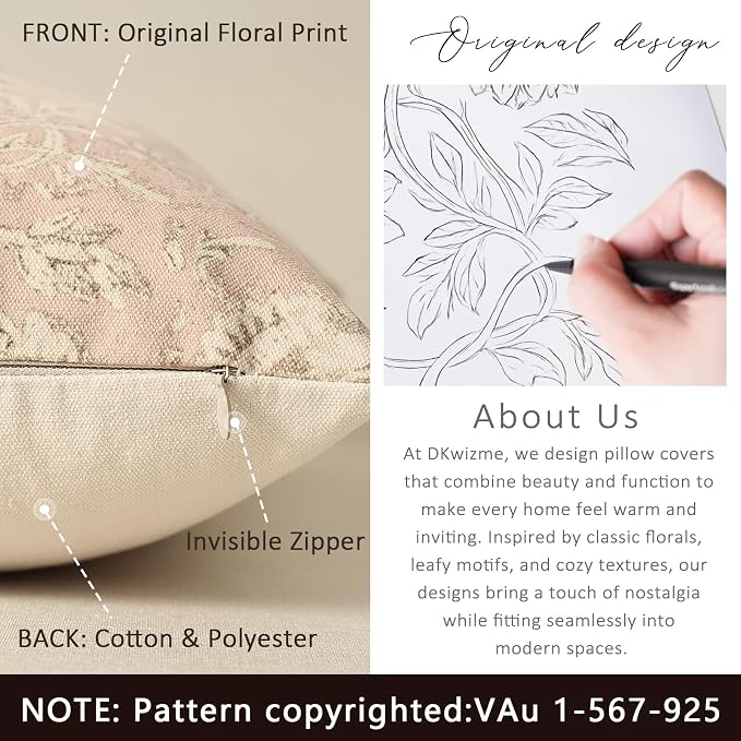 Vintage Floral Print Throw Pillow Covers 22x22 Set of 2 Neutral Modern Farmhouse Pillowcases Accent Decorative Cushion Covers Boho Home Decor for Couch Sofa Chair Bed Living Room, Champagne Pink
