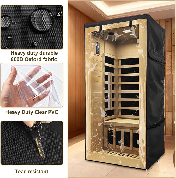 Outdoor Wood Sauna Cover,Sauna Covers with Separate Top Cover for Wood Home Spa Saunas,37" Lx29 Dx62 H with PVC Clear Door Design,Black