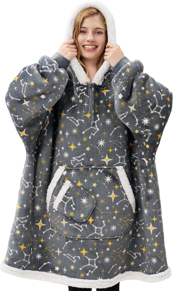 Giggling Getup Wearable Blanket Hoodie for Adults Gifts for Teen Girls Sister Women Sherpa Fleece Printed Hooded Blanket Sweatshirt Warm Cozy with Pocket & Sleeves Grey Glowing Stars