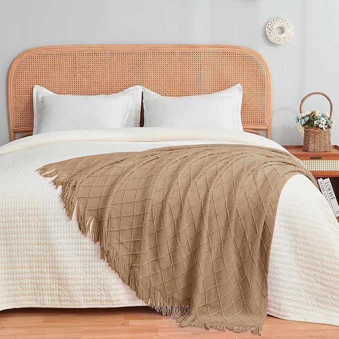 inhand Khaki Knitted Throw Blanket for Couch and Bed, 50"x60" | Soft Cozy Knit Blanket with Tassel, Lightweight Decorative Blankets and Throws, Farmhouse Warm Woven for Men and Women