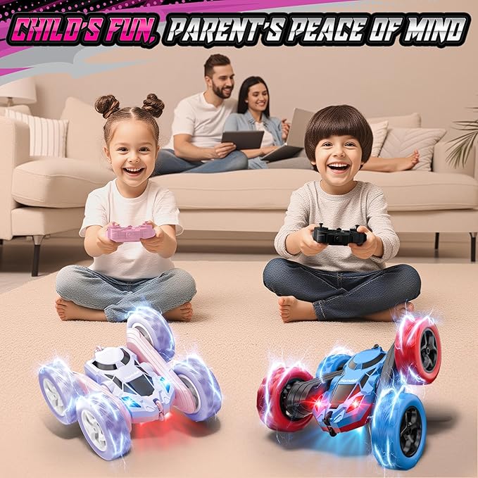 360° Flip RC Car for Girls, Upgraded Dual-Sided Stunt Car with Headlights, 2.4GHz 4WD Remote Control, USB-C Rechargeable Toy Gift for Kids Ages 6+ (Pink-Purple)