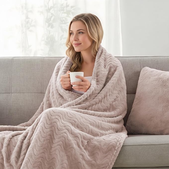 Exclusivo Mezcla Large Fleece Throw Blanket for Couch, Sofa, Camel | 50"x70" Soft Breathable Lightweight Flannel Throws for Summer, Plush Cozy Jacquard Wave Blanket for Home Decor