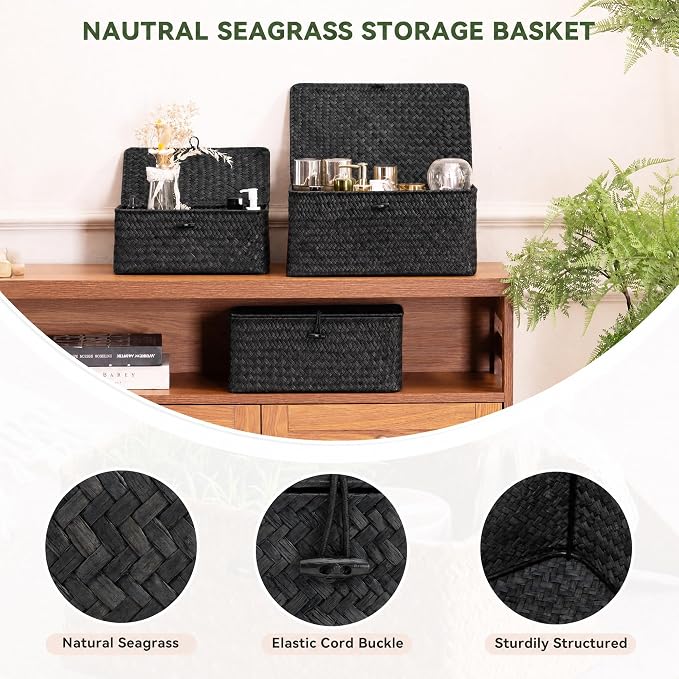 Nonam Storage Basket with Lid, Natural Seagrass Bin with Lid Set of 3, Shelf Baskets Multipurpose Container for Boho Decoration, Rectangular Household Storage Boxes for Home Organization-Black