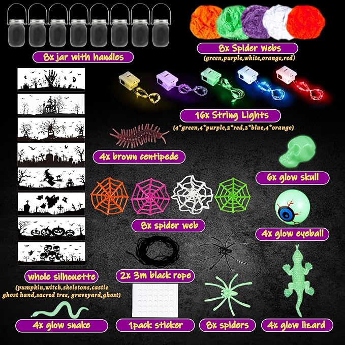 Halloween Crafts for Kids, 8 PCS Mason Jar with Accessories for DIY Craft & Art Party Favor Supplies, Halloween Decoration Trick or Treating, Classroom Art Activities
