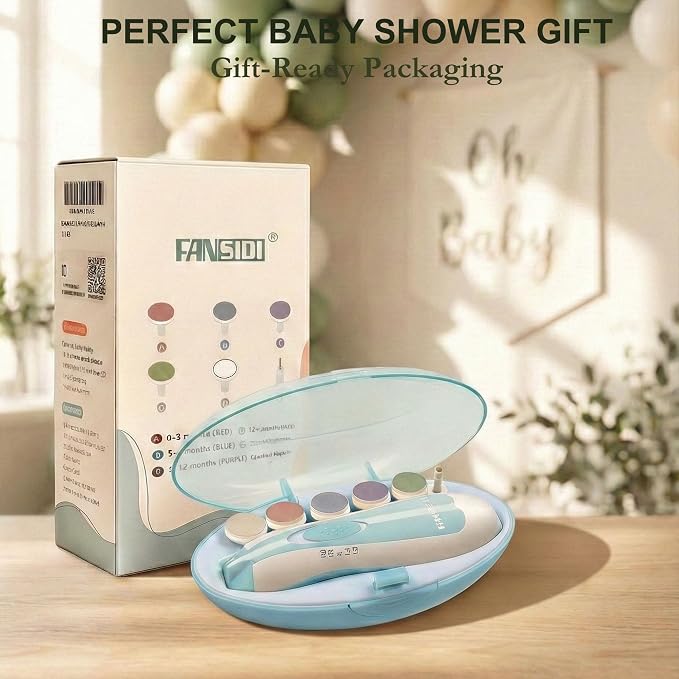 Fansidi Baby Nail Trimmer Electric, Easy & Safe Nail File for Newborn Infant Toddler, Whisper-Quiet Nighttime Use, 4-Stage Age-Matched Grinding Heads, LED Light, 18-Piece Kit, Blue, Baby Shower Gift