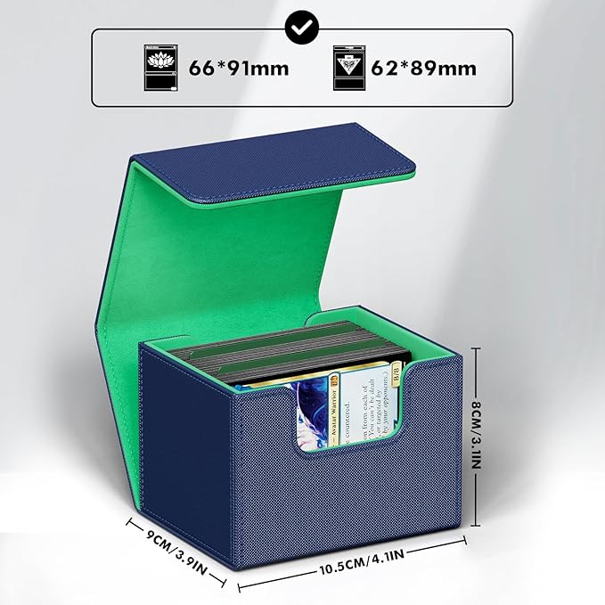 ZLCA Card Deck Box for Trading Cards, MTG Commander Deck Box Holds 120+ Single Sleeved Cards, Leather Magnetic Card Storage Box Fits for TCG CCG Magic Cards (Blue&Green)
