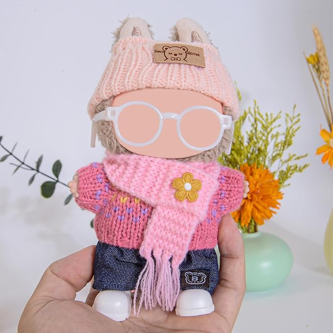 Knit 17cm Doll Clothes Accessories Set Include: 1 Hat, 1 Sweater, 1 Pants, 1 Scarf, 1 Glasses and 1 Shoes for Dress up Your Dolls (Doll Not Included), Knit #3