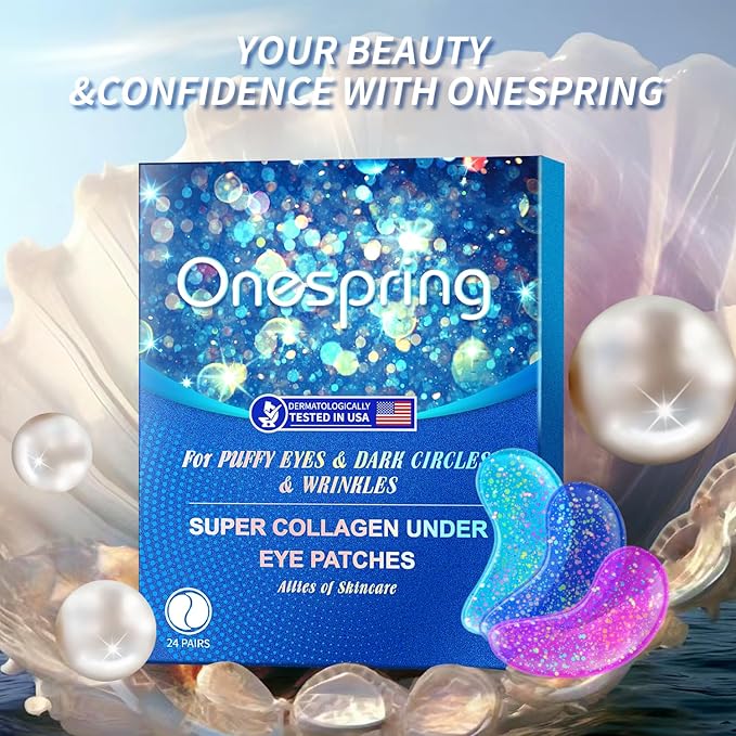 Onespring Under Eye Patches (8 Pairs) - Revitalises and Refreshes Your Skin, Eye Masks for Eye Bags, Dark Circles, Wrinkles, Collagen Gel Pads, Relieves Pressure - Travel Essentials