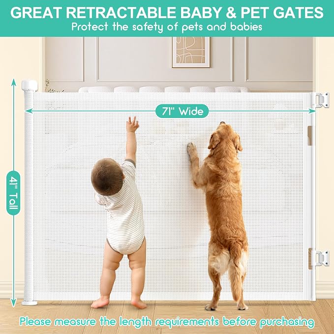 71 Inch Retractable Baby Gates Extra Wide, 41 Inch Reinforced Extra Tall Gate Mesh Safety Gate for Kids Pets, Retractable Dog Gate Baby Retractable Gate for Stair Hallway Doorway Indoor Outdoor, White