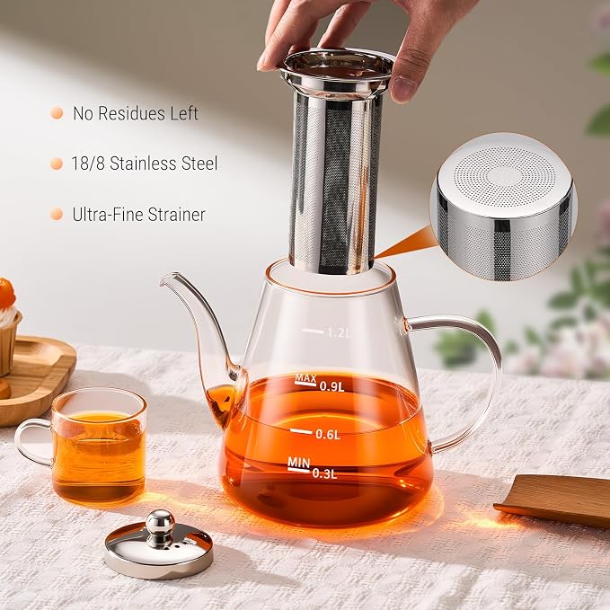 PARACITY Glass Teapot Stovetop, Borosilicate Clear Tea Kettle with Removable 18/8 Stainless Steel Infuser, Teapot Blooming and Loose Leaf Tea Maker Tea Brewer for Camping (transparent, 1200ml-scale)