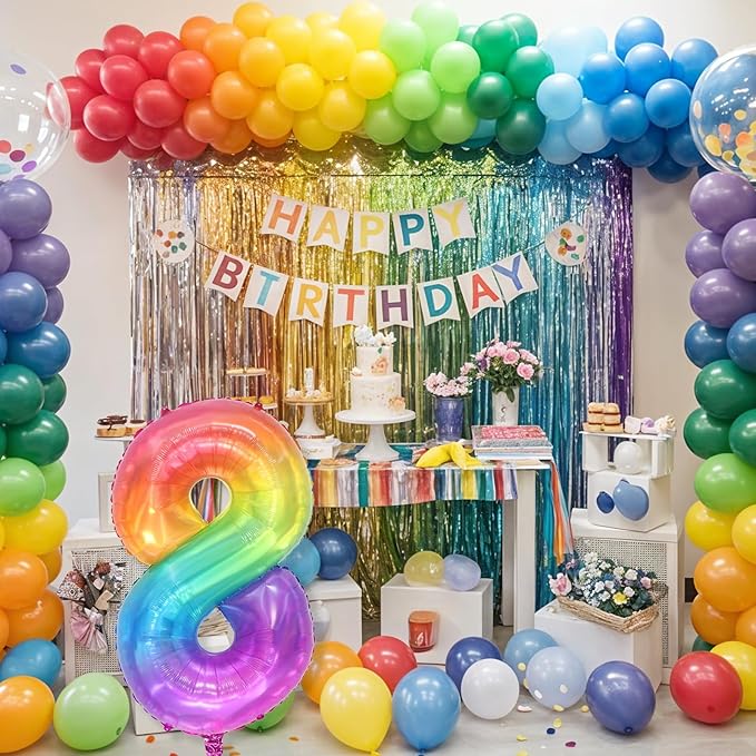 Foil 8 Balloon, Pastel Rainbow Number 8 Balloons for Boys Birthday Party Decor, 40'' Mylar Helium Self Inflating Colorful Multicolor Number 8 Balloon for Kids 8th Birthday Party Anniversary Decoration