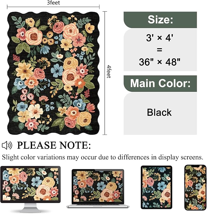 DUKINO 3x4 Rug, Non Slip Floral Washable Area Rug for Entryway, Black | Soft, Low Pile, Non-Shedding Indoor Throw Rugs for Kitchen, Hallway, Bedroom, Bathroom, Laundry, Pet Friendly, Home Decor