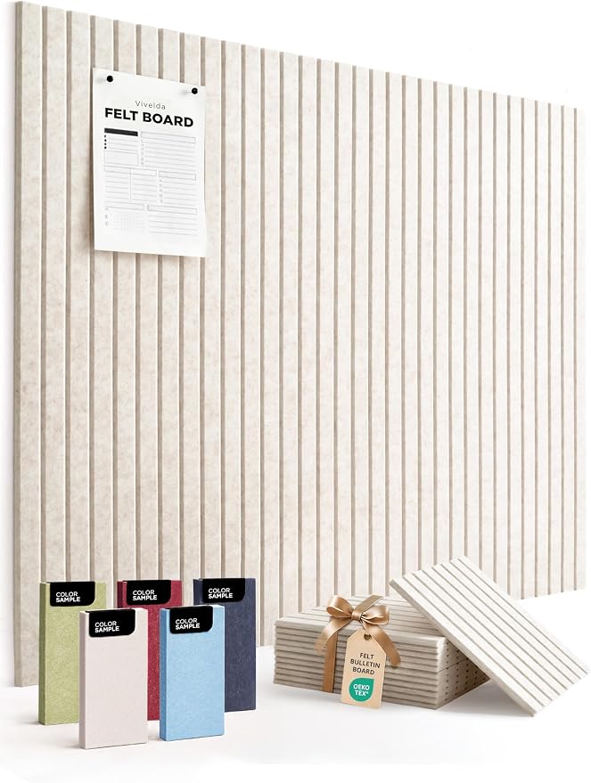 Large Felt Bulletin Board 48 x 36 Inch - 12-Pack Square Acoustic Wall Panels, Cork Board Alternative, NRC 0.95, Damage-Free Adhesive, Slatted Design for Home, Classroom (Limestone)
