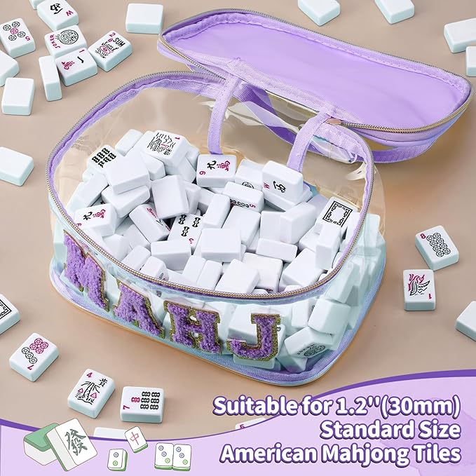 Handheld Mahjong Tile Bag, PVC Clear Mahjong Bag for 166 American Mahjong Tiles, Waterproof Mah Jong Case with Zipper & Lettters for Game Lover Gift Travel, Case Only(Purple)
