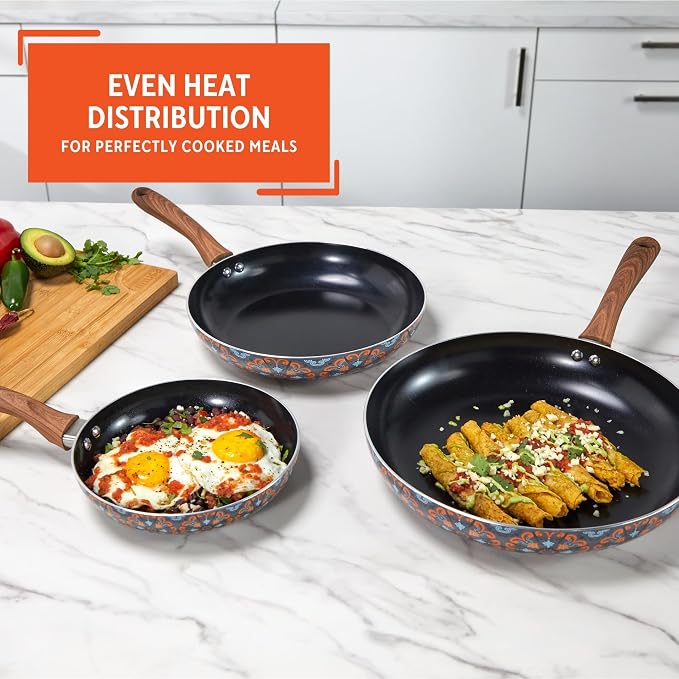 IMUSA 3 Piece 7, 9 & 11 Inch Talavera Aluminum Black Ceramic Fry Pan Set | Nonstick Ceramic Coating, Soft-Touch Handles, Talavera Exterior Design, Ideal for Frying and Sautéing