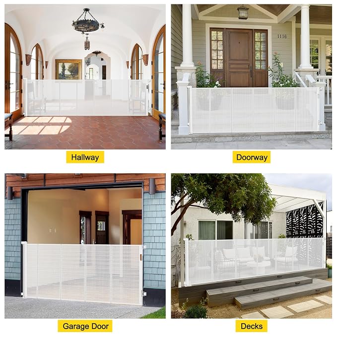 Reinforced 42” Tall x 130” Extra Wide Retractable Baby Gate for Large Openings Extra Tall Dog Gate with Rods to Prevent Crawling Through, Extra Long Mesh Pet Gate for Doorways, White