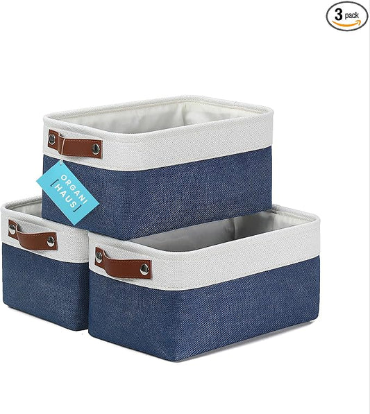 OrganiHaus 12x8in Canvas Storage Baskets, 3 Pack - Fabric Bins for Shelves | Vegan leather handles; a decorative pantry and office organizer, container for desk and books