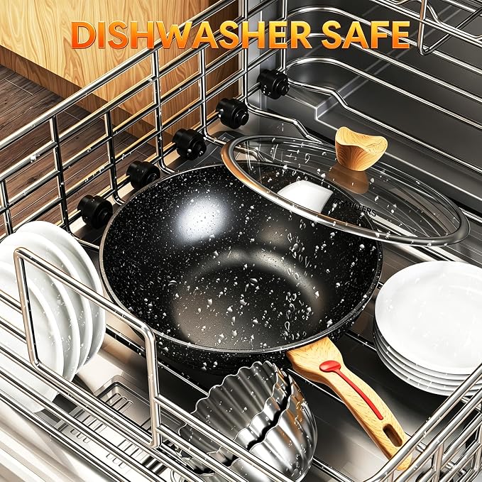 ITSMILLERS Nonstick Wok Aluminium Die-casting Chinese Wok, Scratch Resistant With Lid and Spatula, PFOA-Free, Dishwasher Safe & Induction Bottom,11.8 Inch,5QT,Large Capacity
