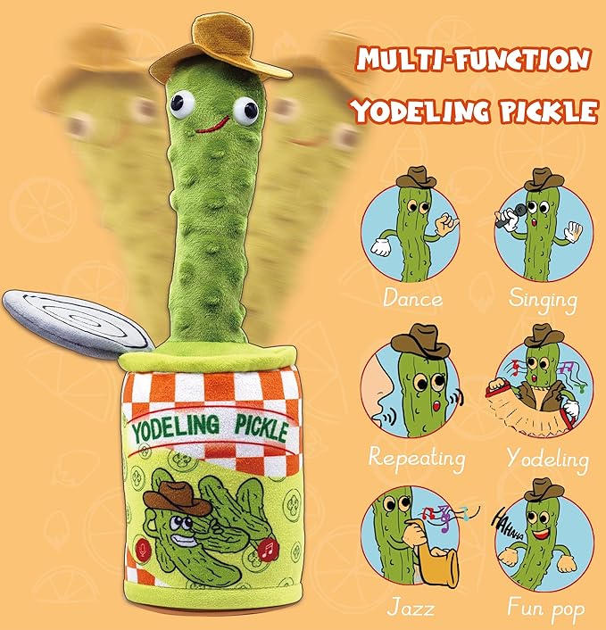Yodeling Pickle, Talking Yodeling Toy Repeats What You Say, Singing Pickle Plush Toys - Rechargeable Twisted Mimicking Toy Singing Dance, Funny Prank Novelty Gag Gift for Adults & Kids