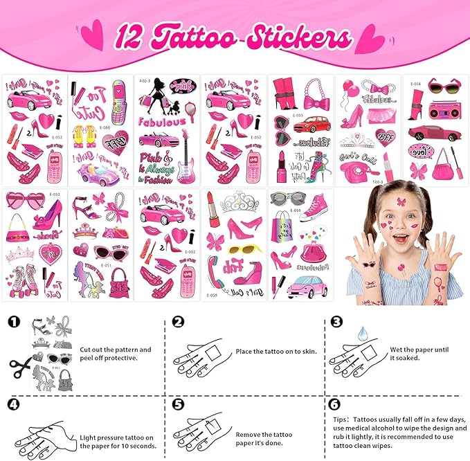 Pink Party Favors 98 Pc Princess Party 12 keychain, 12 Tattoo stickers, 12 bracelets, 12 Glass diamond ring, 50 stickers sheet for Girl Hot Pink Birthday Party Supplies