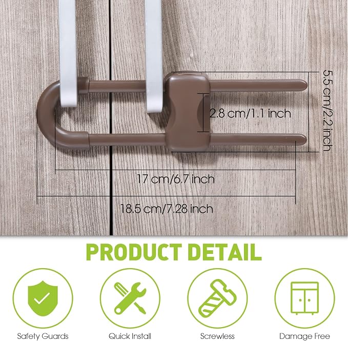 Jetec 10 Pack Baby Cabinet Locks, No Adhesive No Drill Child Safety Locks for Cabinets with Knobs or Handles, Adjustable U-Shaped Child Proof Latches for Cupboards, Fridge, Closet, Pets(Brown)