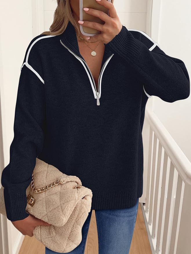 ANRABESS Womens Quarter Zip Sweaters Fall Long Sleeve V Neck Shirts Collared Business Casual Tops Knit Pullover Sweatshirts