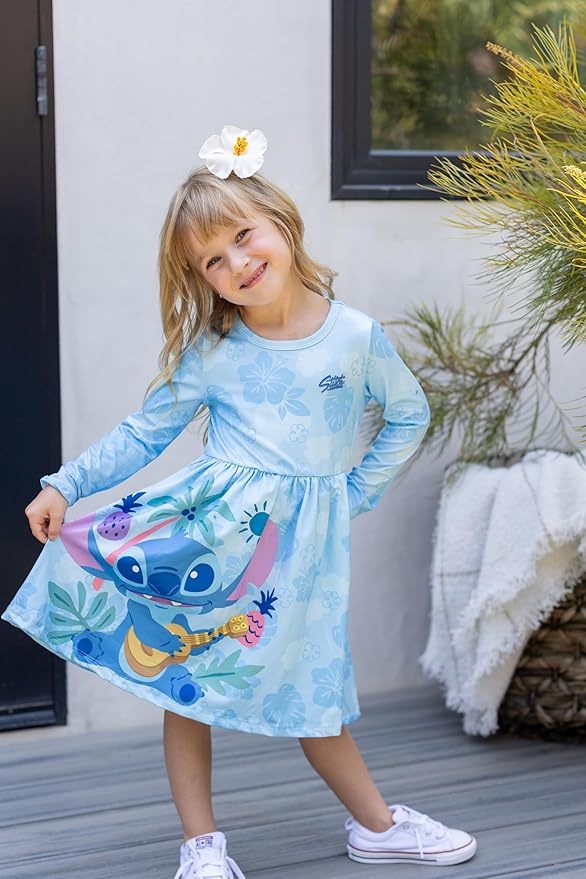 Disney Frozen Elsa Stitch Princess Minnie Mouse Toddler Girl Dresses 2 Pack Ruffle Long Sleeve Dress Set (3 Months - 6 Years)