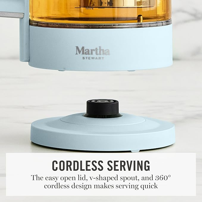 Martha Stewart Electric Kettle with Removable Stainless Steel Tea Infuser,  Glass Carafe 1.7L (7 Cups), Hot Water Boiler, 4 Presets, Keep Warm & Auto Shut-Off, Cordless 360° Swivel Base, Sky Blue