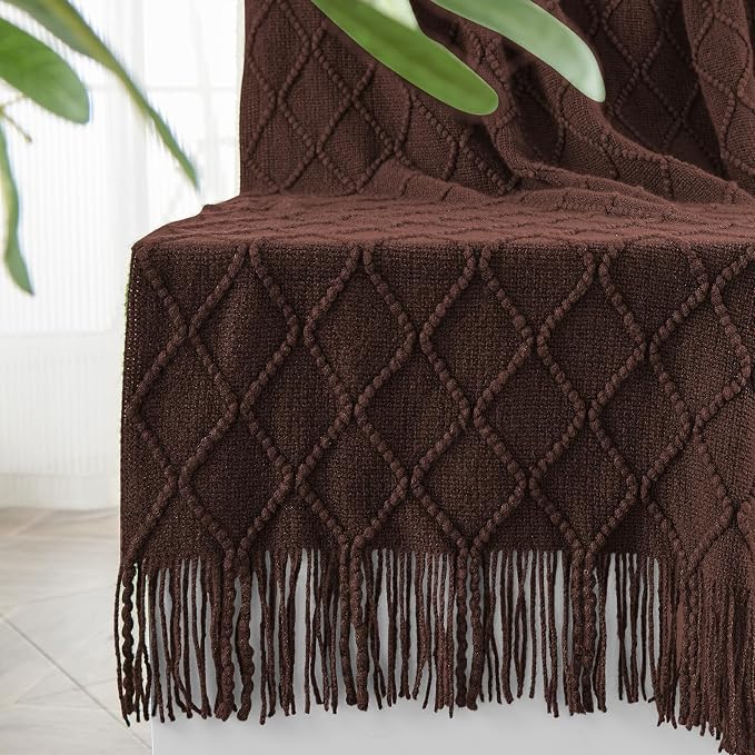 inhand Diamond Brown Knitted Throw Blanket for Couch and Bed, 60"x80" | Soft Cozy Knit Blanket with Tassel, Lightweight Decorative Blankets and Throws, Farmhouse Warm Woven for Men and Women