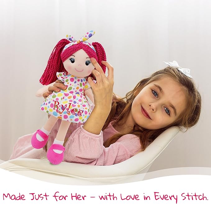 June Garden Personalized Sophie Doll – Embroidered Name Soft Plush Doll – Custom Gift for Girls – Choose Name, Font & Thread Color – Available in 14", 18", and 23" Sizes