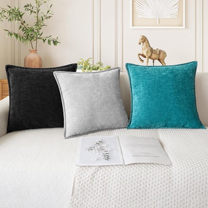 CaliTime Decorative Couch Throw Pillow Covers 26 X 26 Inches Lake Blue | Pack of 2, Cozy Chenille Cushion Cases, Cotton Thread Stitching Edges, for Sofa Bed Living Room Farmhouse