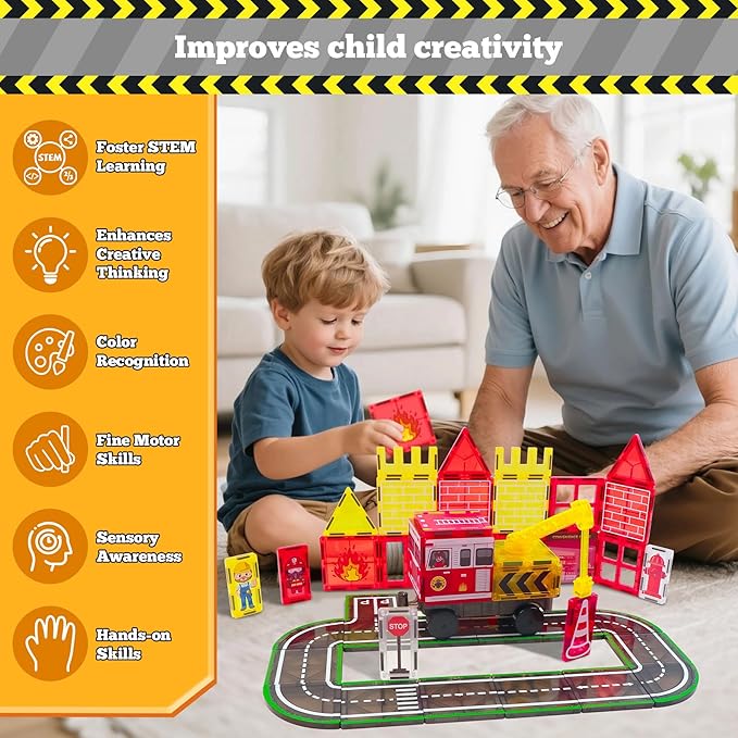 Magnetic Tiles for Kid, Construction Magnet Tiles with Fire Truck & Station, Building, Road, Crane, and Car Toys - Educational Travel Magnetic Tiles for Kids Ages 4-8, STEM Toys for 3+ Year Old