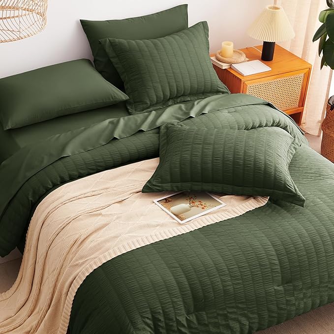 CozyLux King Size Comforter Set Olive Green Seersucker 7 Pieces Bed in a Bag King Comforter Set with Sheets, Luxury Soft Bedding Sets with Down Alternative Comforter, Sheets, Pillowcases & Shams