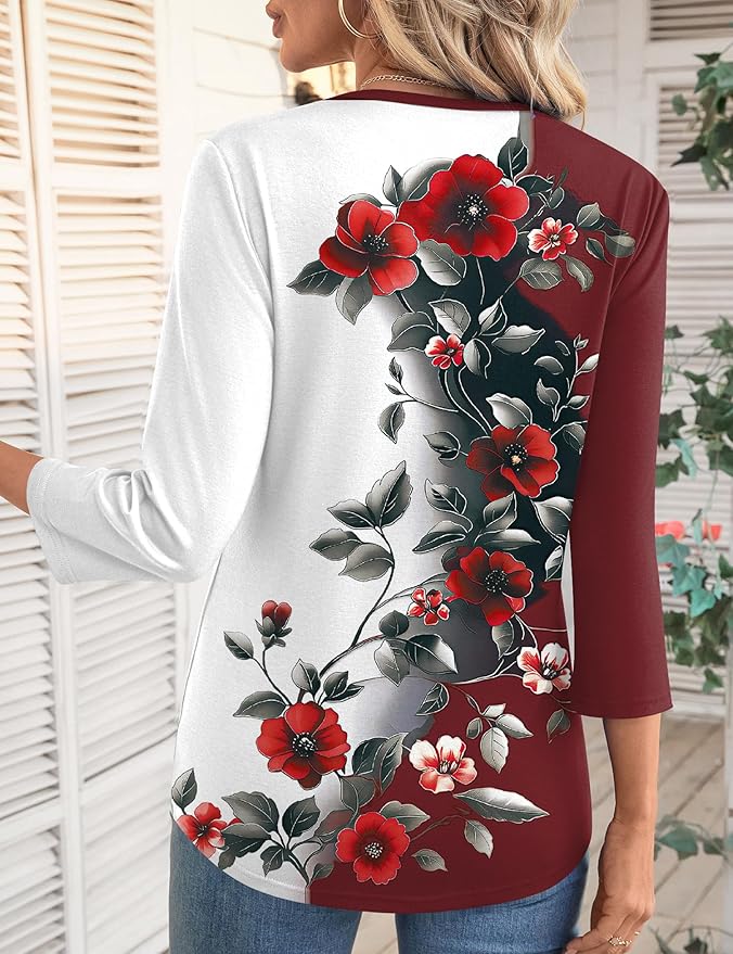 LOMON 3/4 Length Sleeve Womens Tops Spring Summer Fashion 2026 Tops Crew Neck Pleated Shirts Tunic Top Loose Fit