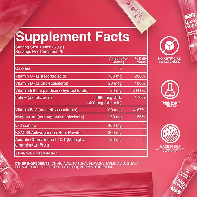 Calm and Ready Powder Mix, Cortisol Reducer* Sleep & Relaxation Aid, Magnesium Glycinate, Ashwagandha KSM-66, L-Theanine, Tart Cherry, Sugar Free, 20 Packets, Strawberry PinaColada