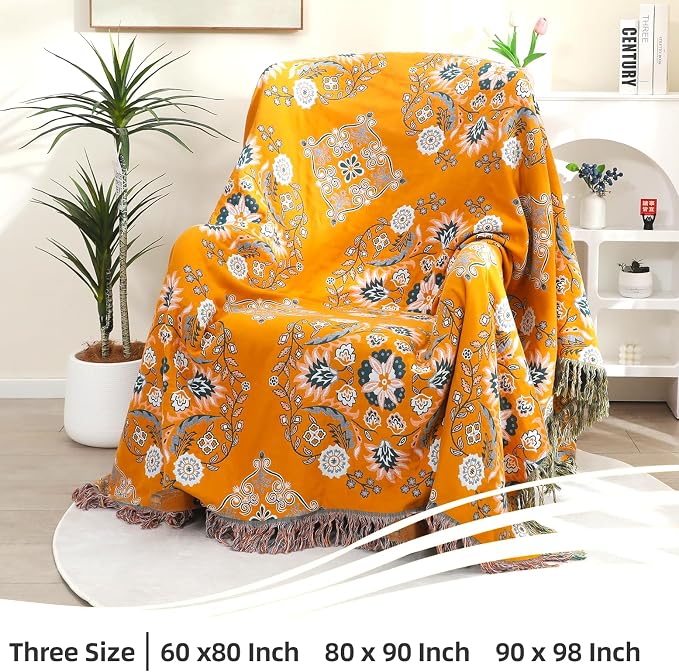 VANJOROY Boho Throw Blanket, 100% Cotton Soft King Yellow Throw for Bed-Floral Farmhouse Decor Blanket, Reversible Bohemian Throw for Sofa Chair Couch Quilt and Gift, 91" x 98"