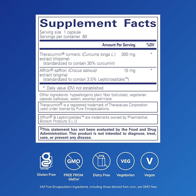 Pure Encapsulations Calm Mind - Calming Supplement - Saffron Extract & Theracurmin Supplement - Supports a Calm Mindset* - Gluten-Free, Non-GMO & Hypoallergenic - 60 Capsules (60 Servings)