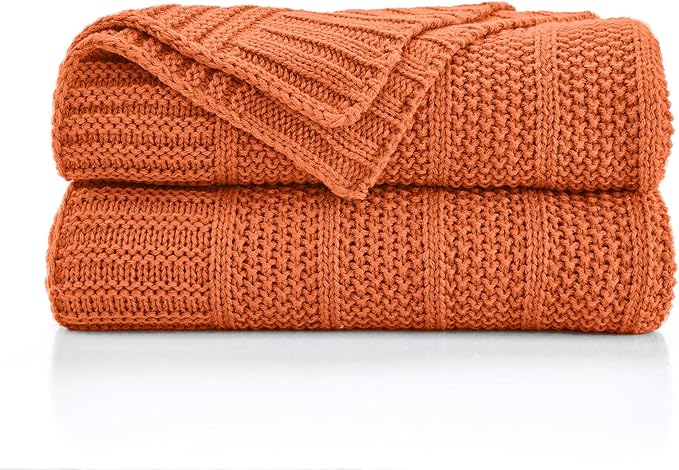 Douceur Orange Throw Blanket for Bed, Soft Cozy Lightweight Stripe Pattern Knitted Throw Blanket for Sofa, Living Room Gift, 50"X60"